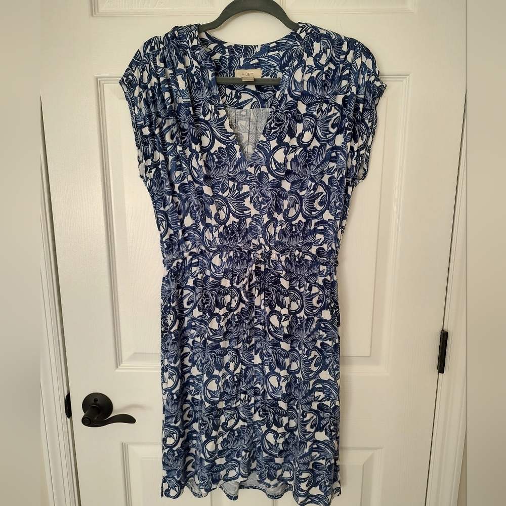 Loft Outlet Blue And White Rayon Drawstring Waist Dress Floral Boho Beachy M
